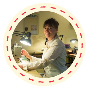 Lynne sewing at Hug Patrol